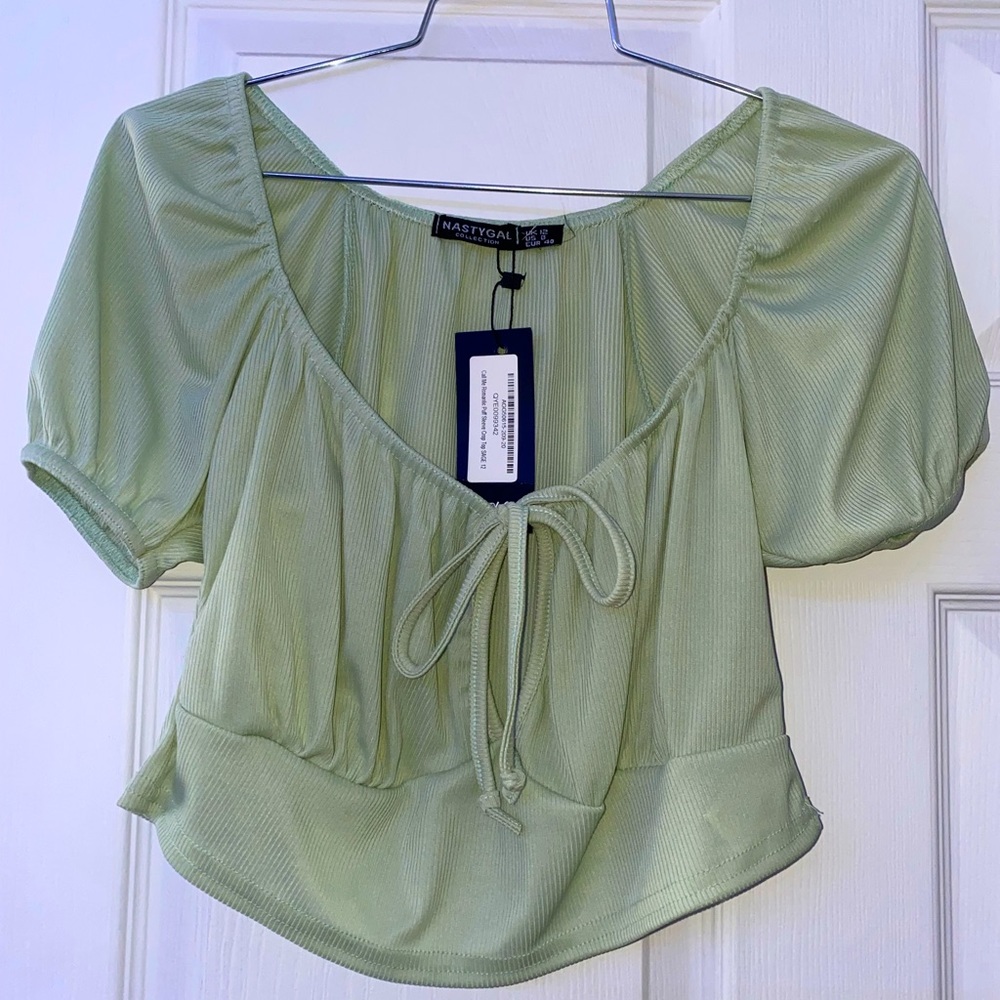 Nasty Gal Call Me Romantic Puff Sleeve Crop Top - Sage